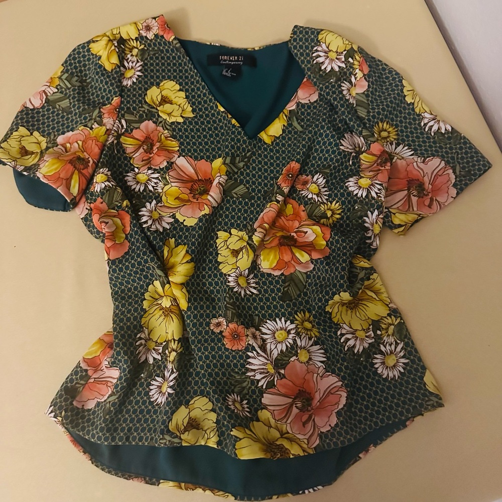Forever 21 Floral Blouse - Green and Orange